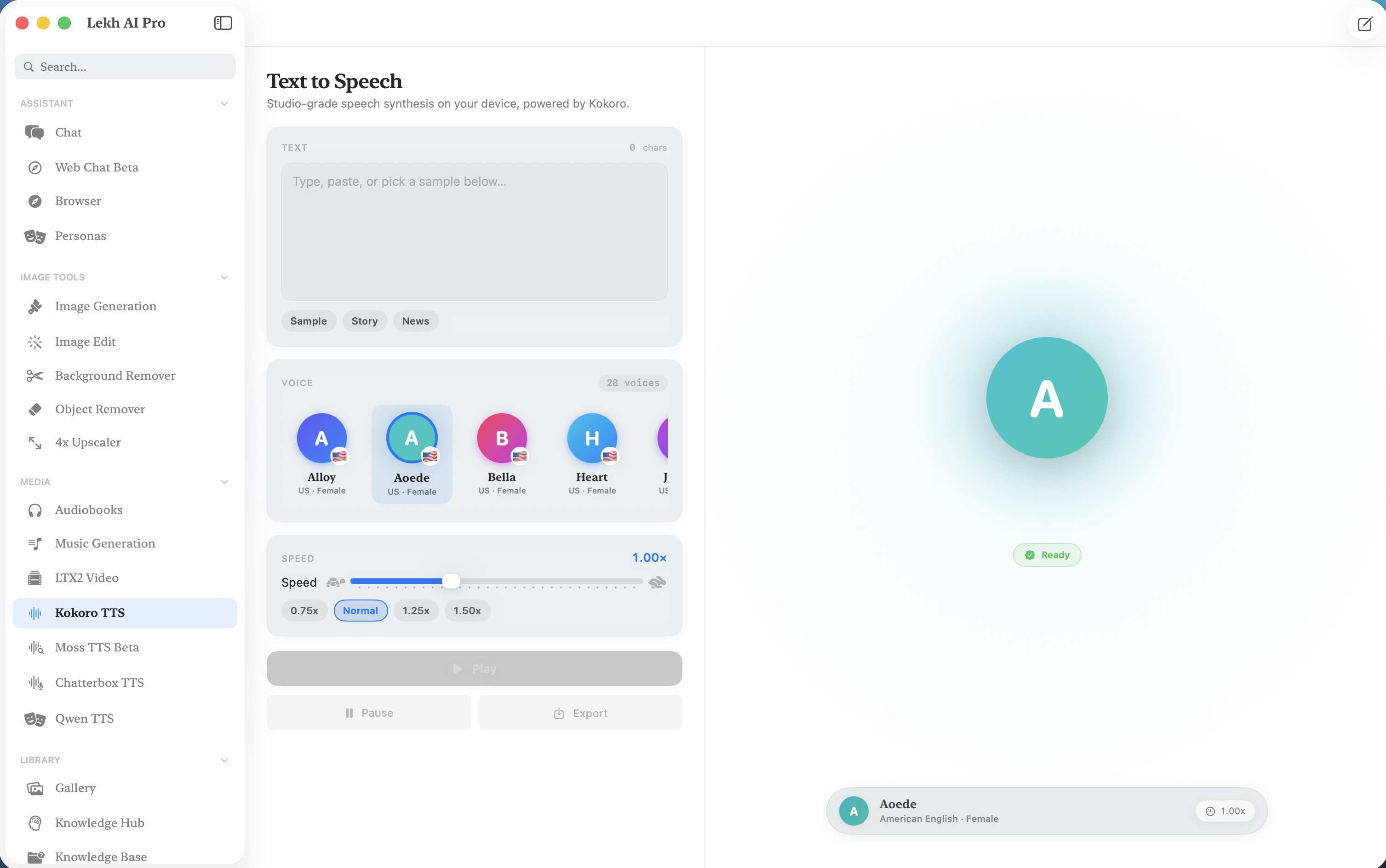 Lekh AI Pro Kokoro text-to-speech with voice selection