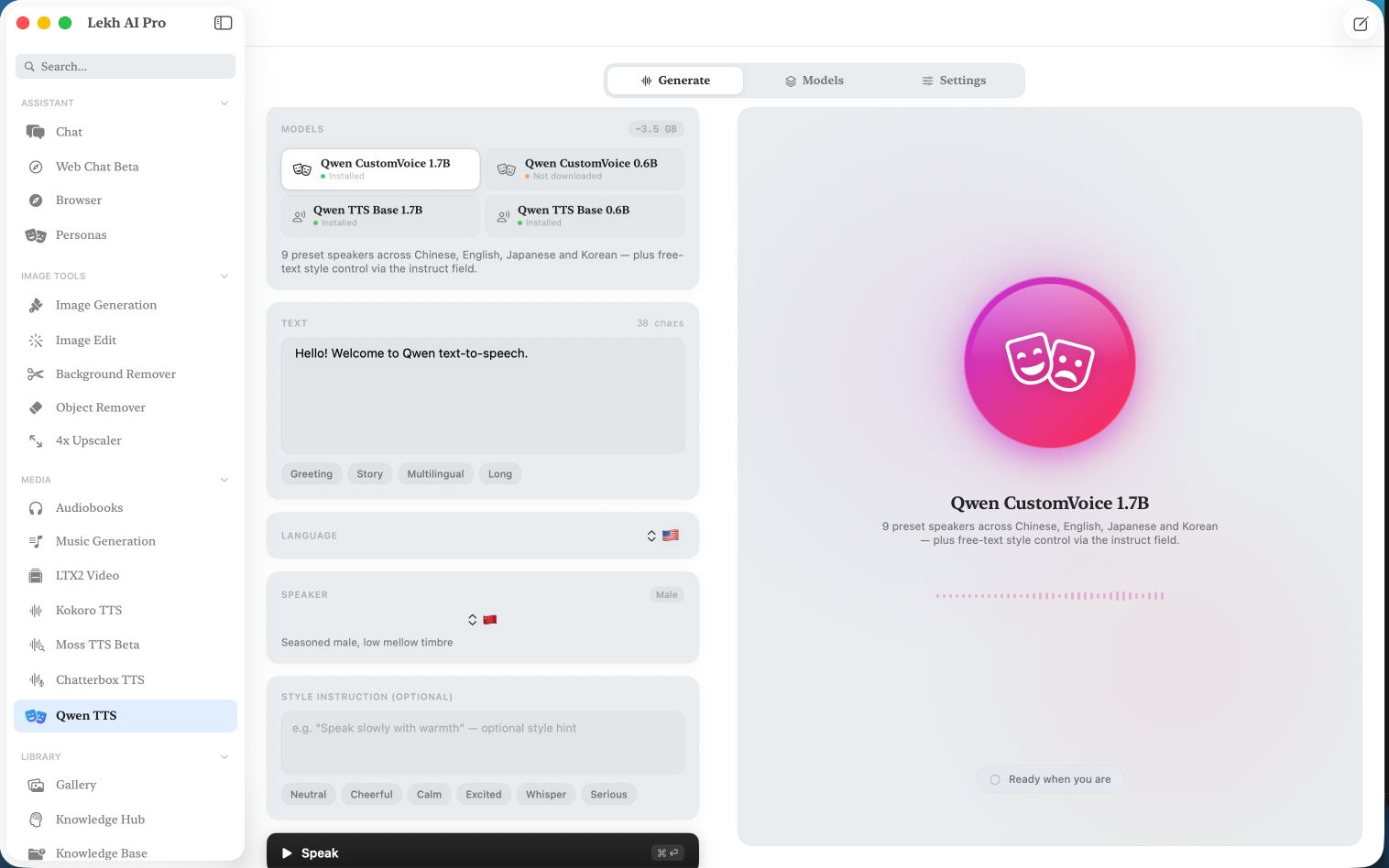 Lekh AI Pro Qwen text-to-speech with speaker and style settings