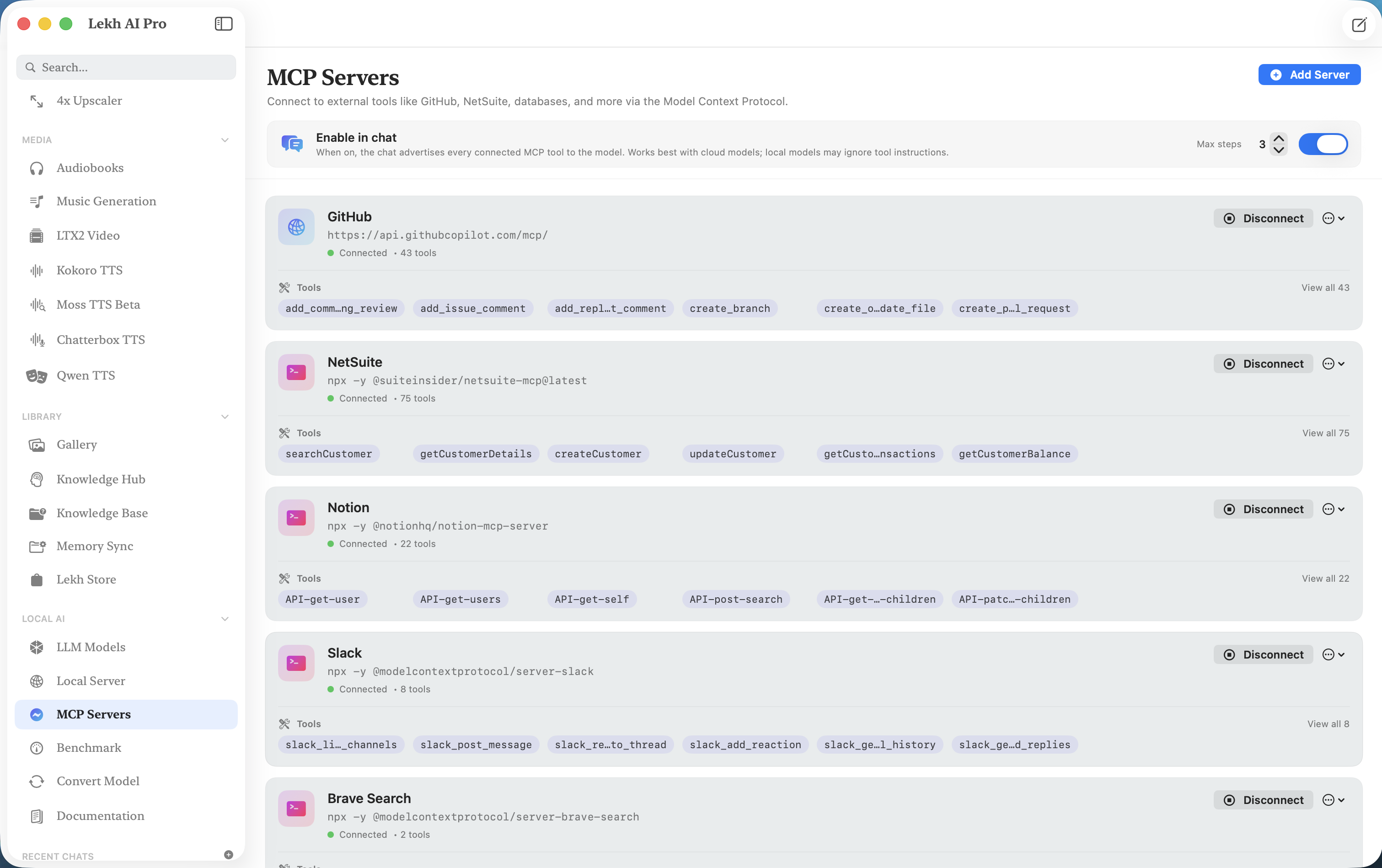Lekh AI Pro MCP servers connected to external tools
