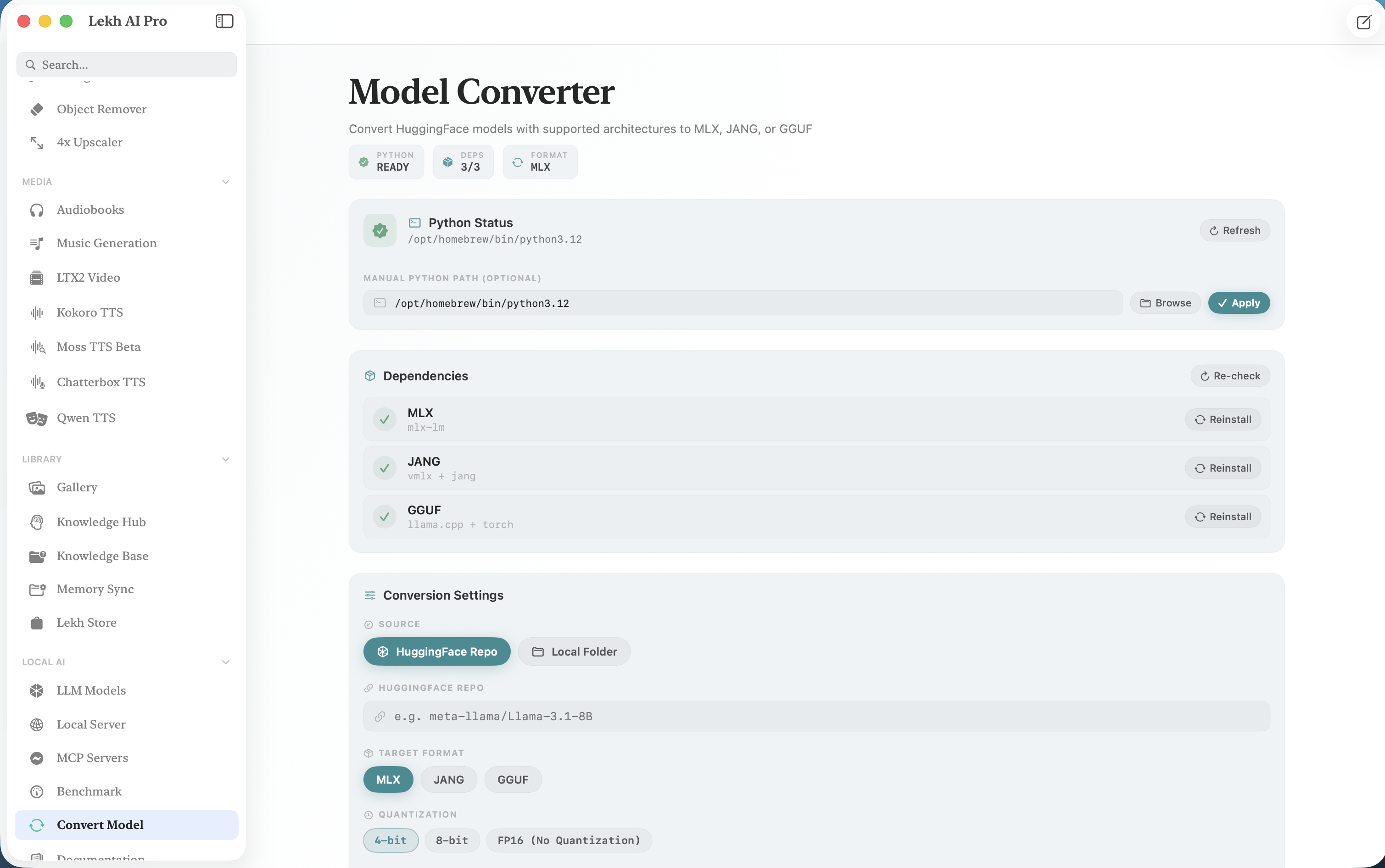 Lekh AI Pro model converter with format and quantization options