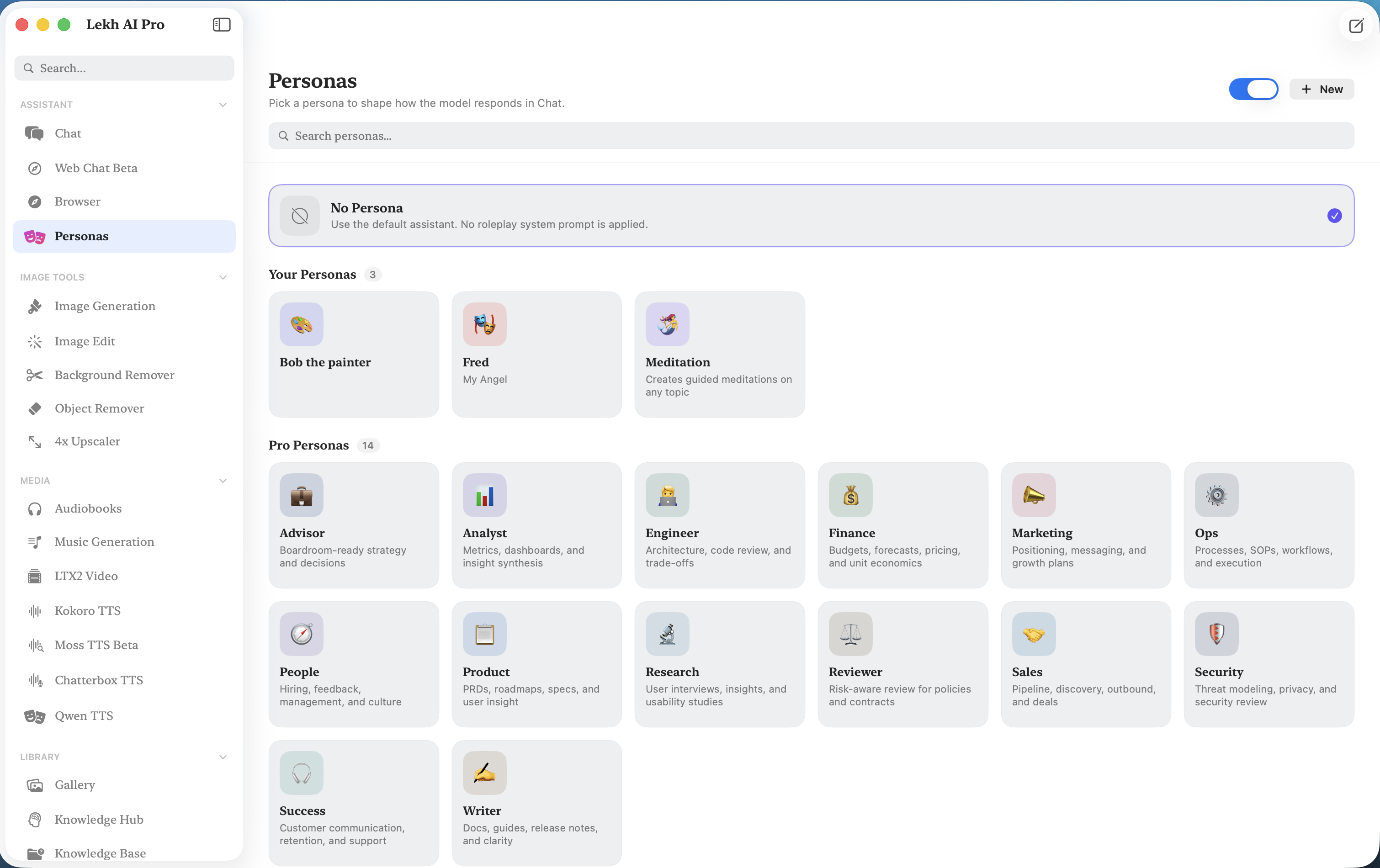 Lekh AI Pro personas picker with professional role presets