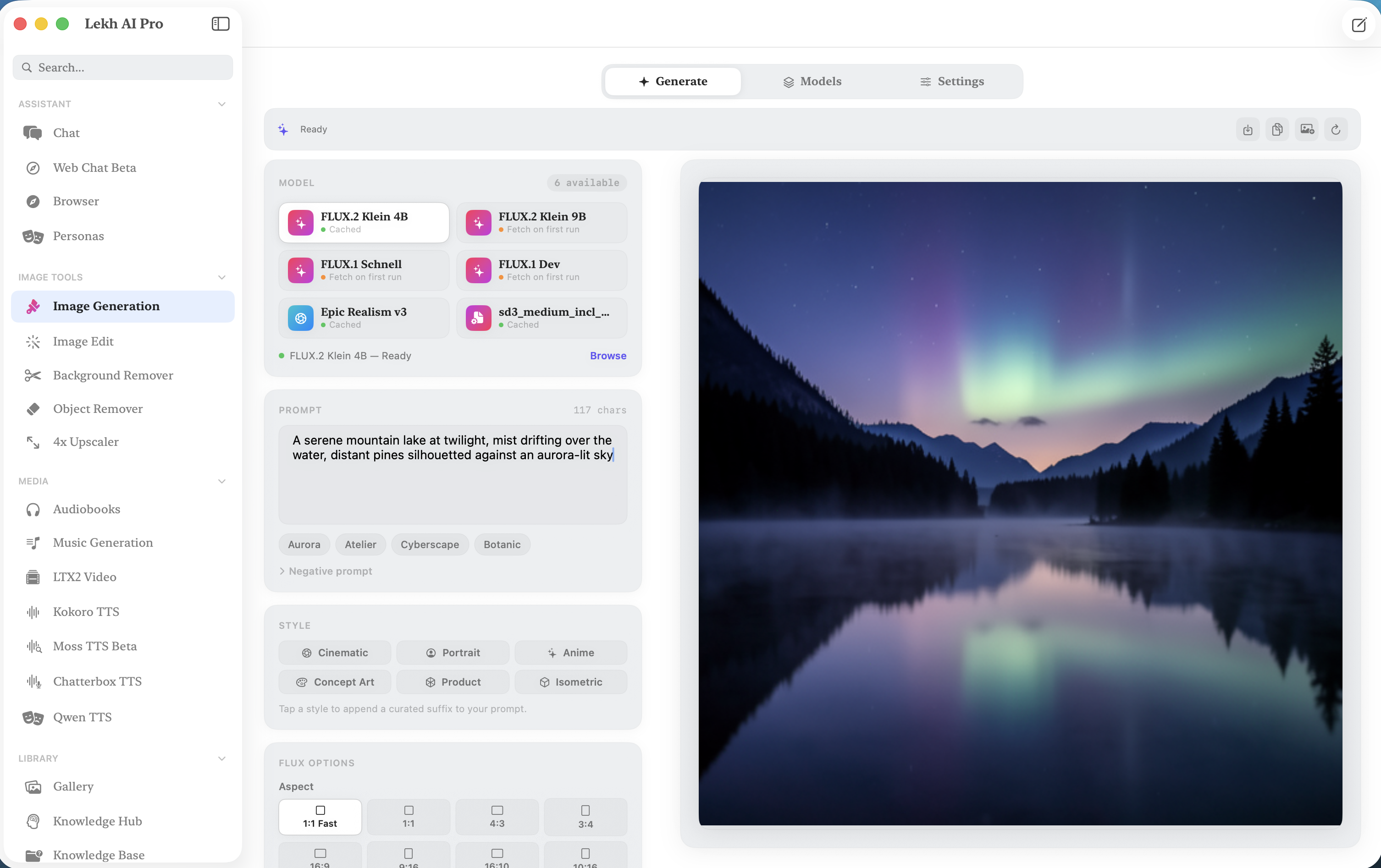 Lekh AI Pro Flux image generation with aurora landscape result