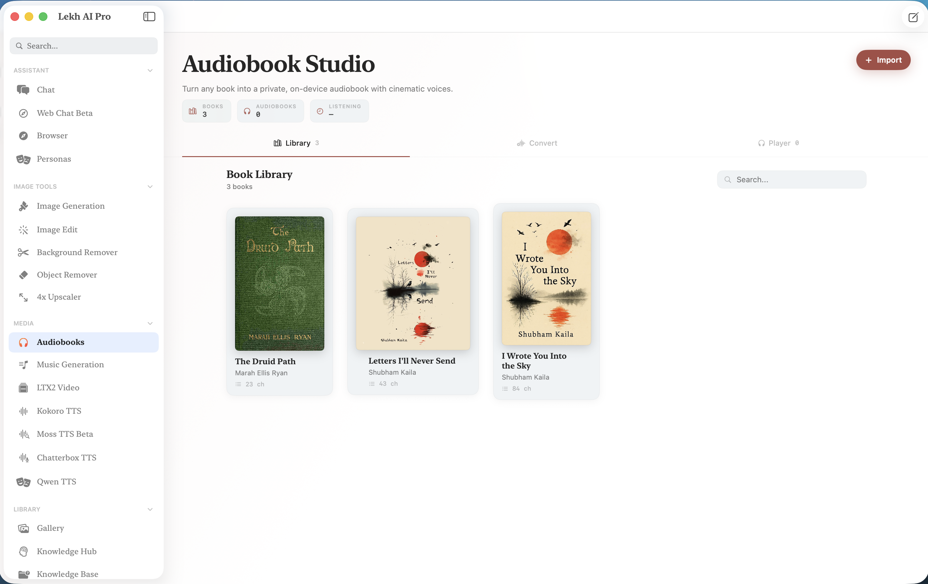 Lekh AI Pro audiobook studio with book library